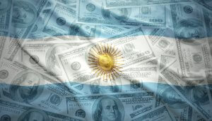 colorful waving argentinean flag on a american dollar money background