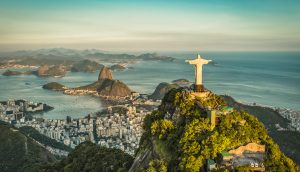 Aerial panorama of Christ and Sugar Loaf Mountain, Rio De Janeiro, Brazil.