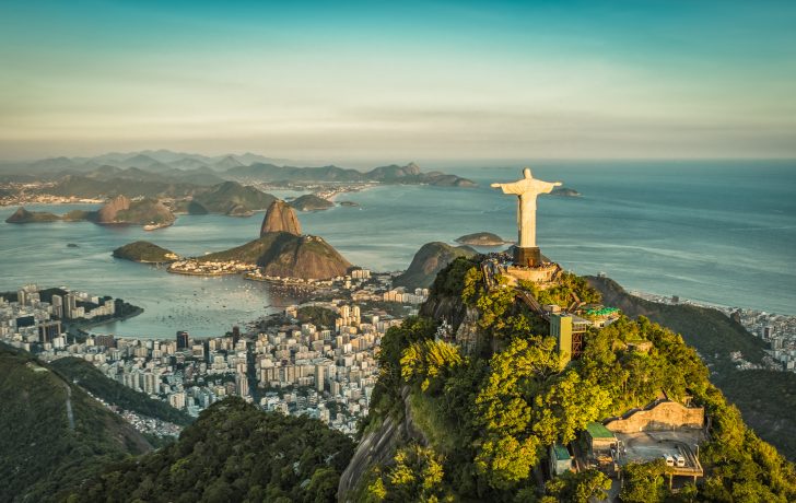 Aerial panorama of Christ and Sugar Loaf Mountain, Rio De Janeiro, Brazil.