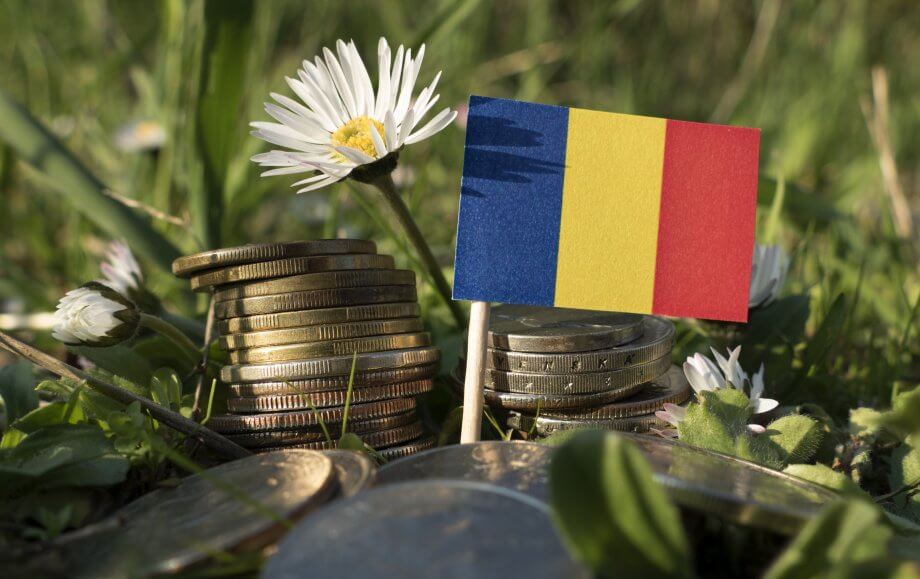 Rumänien: Mit EU-Gesetz auf dem Weg zur Krypto-Regulierung Romanian flag with stack of money coins with grass and flowers
