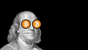 benjamin franklin with bitcoin eyes; cryptocurrency and traditional money