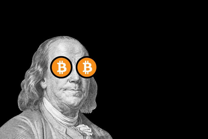 benjamin franklin with bitcoin eyes; cryptocurrency and traditional money