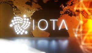 Das IOTA Logo vor einer Weltkarte.