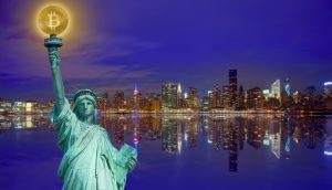 New york skyline with liberty holding bitcoin concept photomount