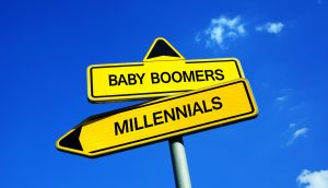 Schilder mit der Aufschrift Baby Boomers resp. Milleninals