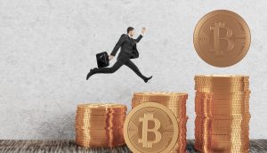Businessman running on golden bitcoin piles in room. E-business concept. 3D Rendering
