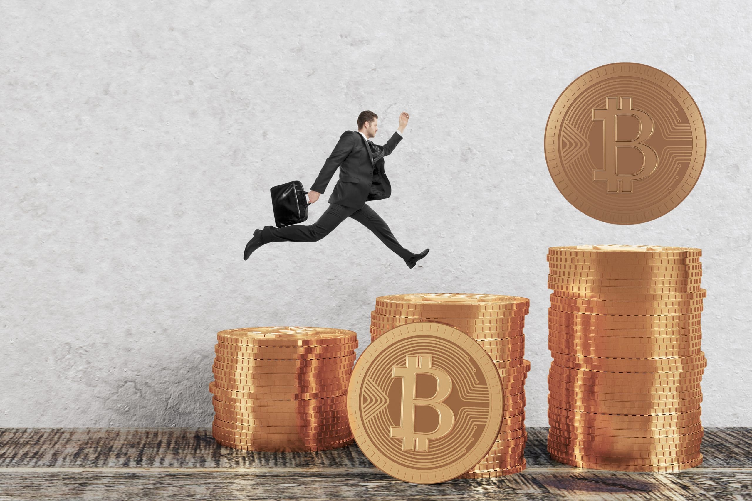 Businessman running on golden bitcoin piles in room. E-business concept. 3D Rendering