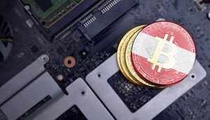 Bitcoin-Münze in den Farben Österreichs