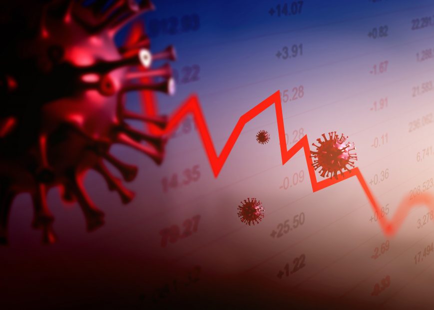 Corona lässt Umsatz von Bitcoin-Mining-Unternehmen um 50 Prozent einbrechen Grafik mit Corona-Virus-Illustration und fallendem Börsen-Chart