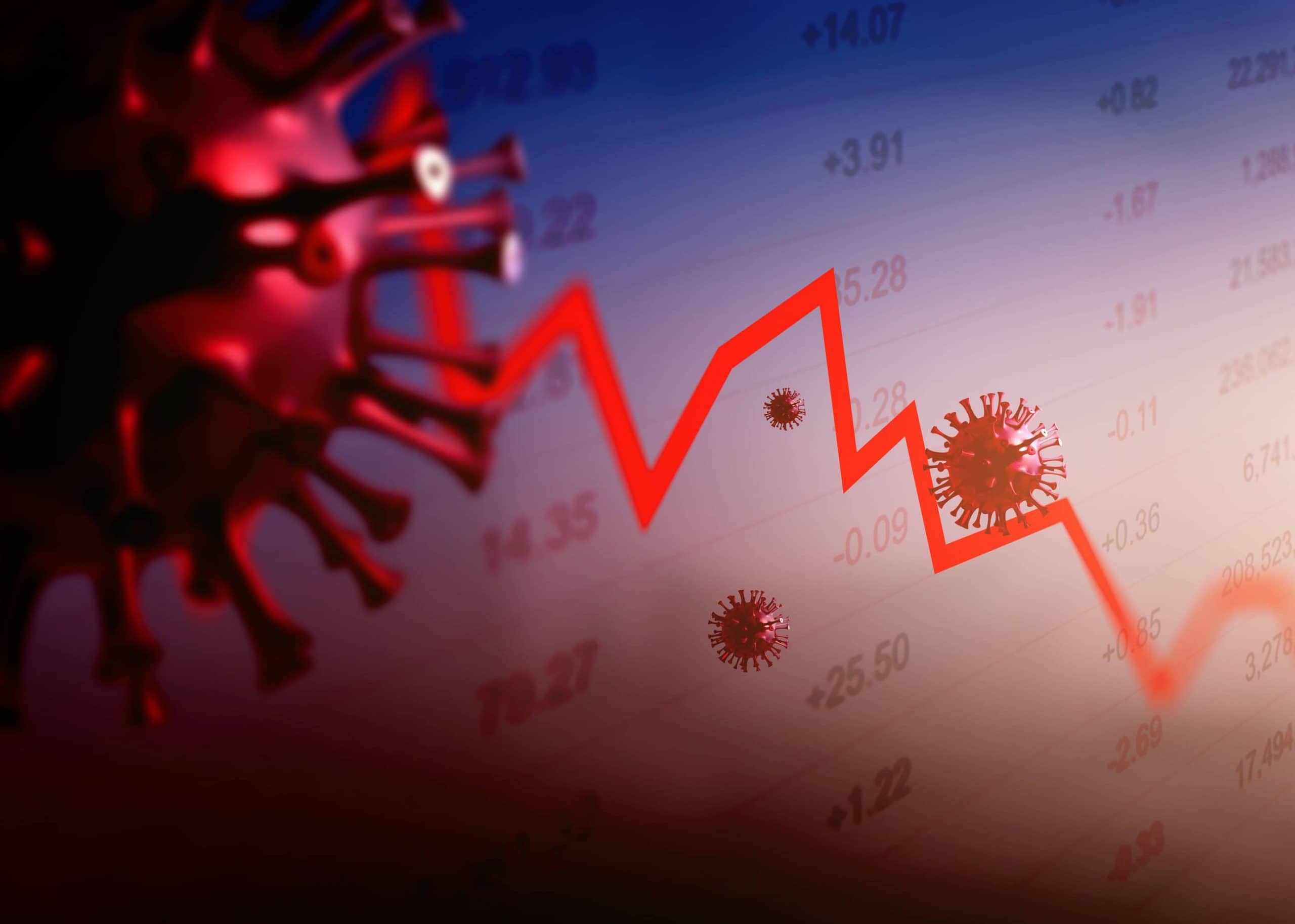 Grafik mit Corona-Virus-Illustration und fallendem Börsen-Chart