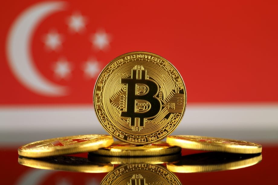 Singapur: Börse SGX etabliert zwei neue Kryptowährungs-Indizes Bitcoin-Münzen vor SIngapur-Flagge