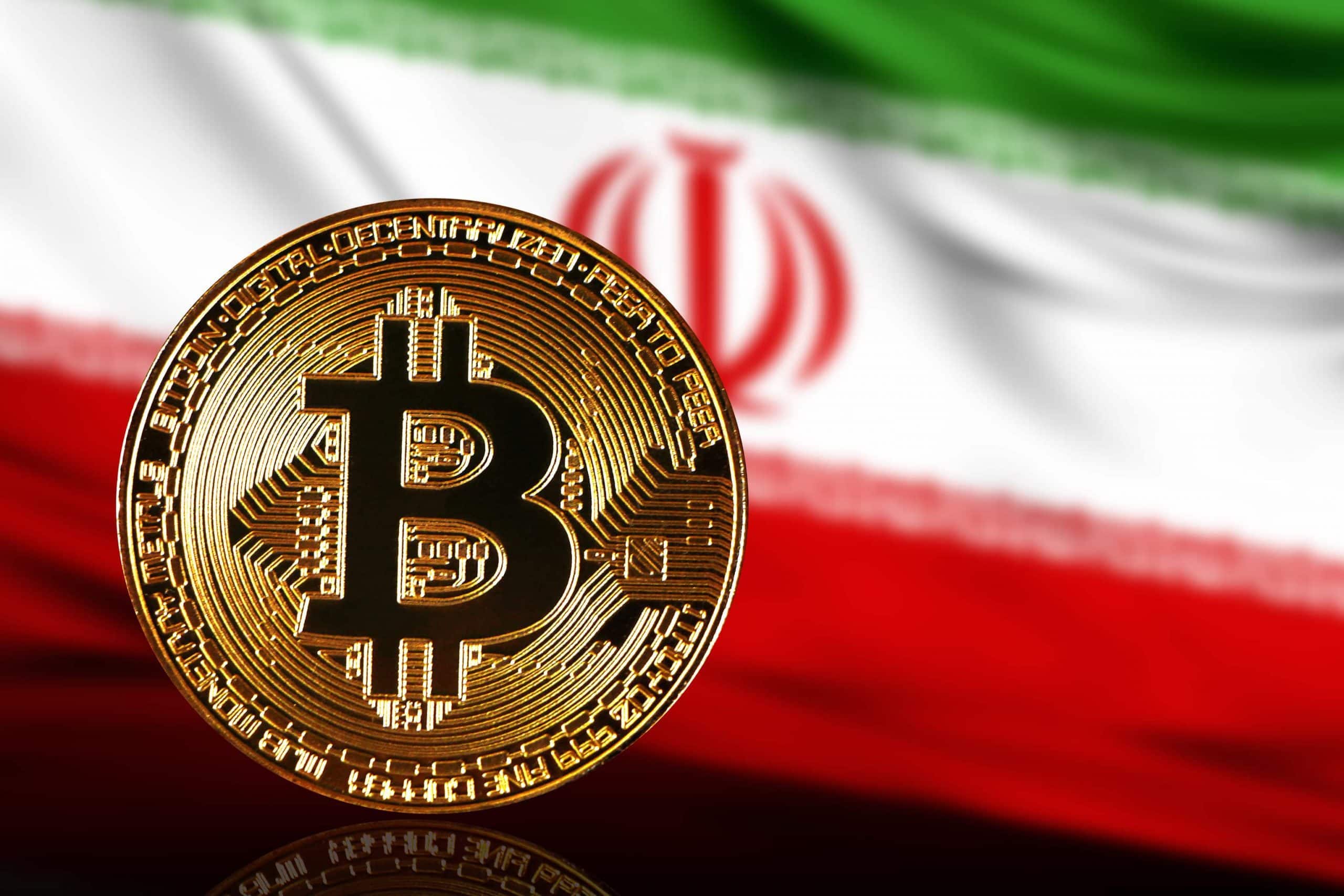 Bitcoin-Münze vor iranischer Flagge