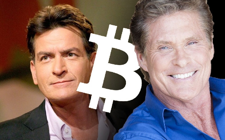 Charlie Sheen und David Hasselhoff neben Bitcoin-Logo