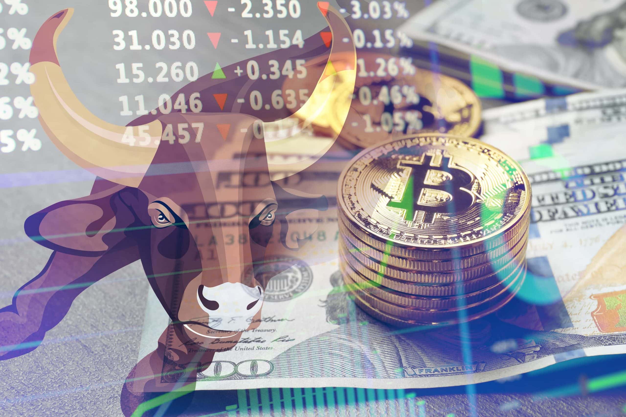 Bulle, US-Dollar-Noten und Bitcoin