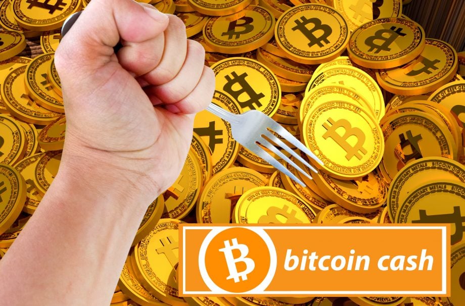 Bitcoin Cash (BCHA) kämpft ums Überleben Hand die eine Gabel hält, im Hintergrund Bitcoin-Münzen, darunter der Schriftzug Bitcoin Cash