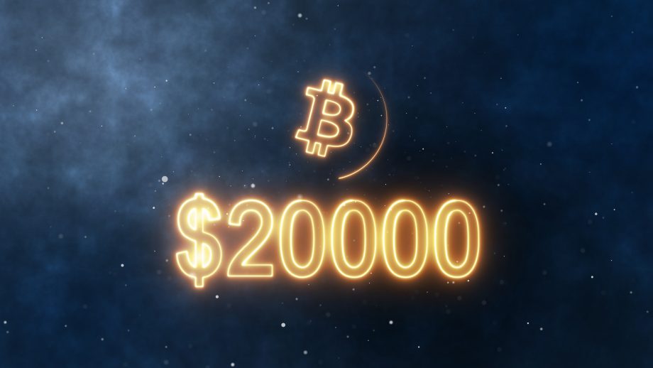 Bitcoin kämpft am Allzeithoch: Wann fällt die 20.000 US-Dollar-Marke? Bitcoin-Symbol, darunter der Schriftzug 20.000 US-Dollar