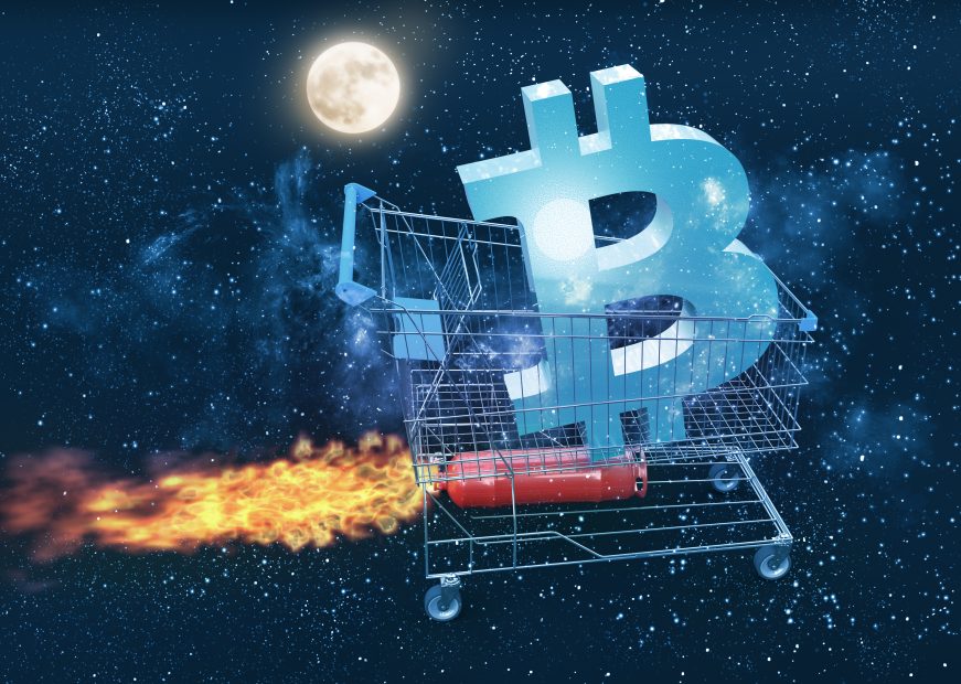 Kaufpanik treibt Bitcoin auf 18.500 US-Dollar – wohin geht die Reise? 3D-Grafik eines raketenbetriebenen Einkaufwagens, darin das Bitcoin-Symbol, im Hintergrund der Mond
