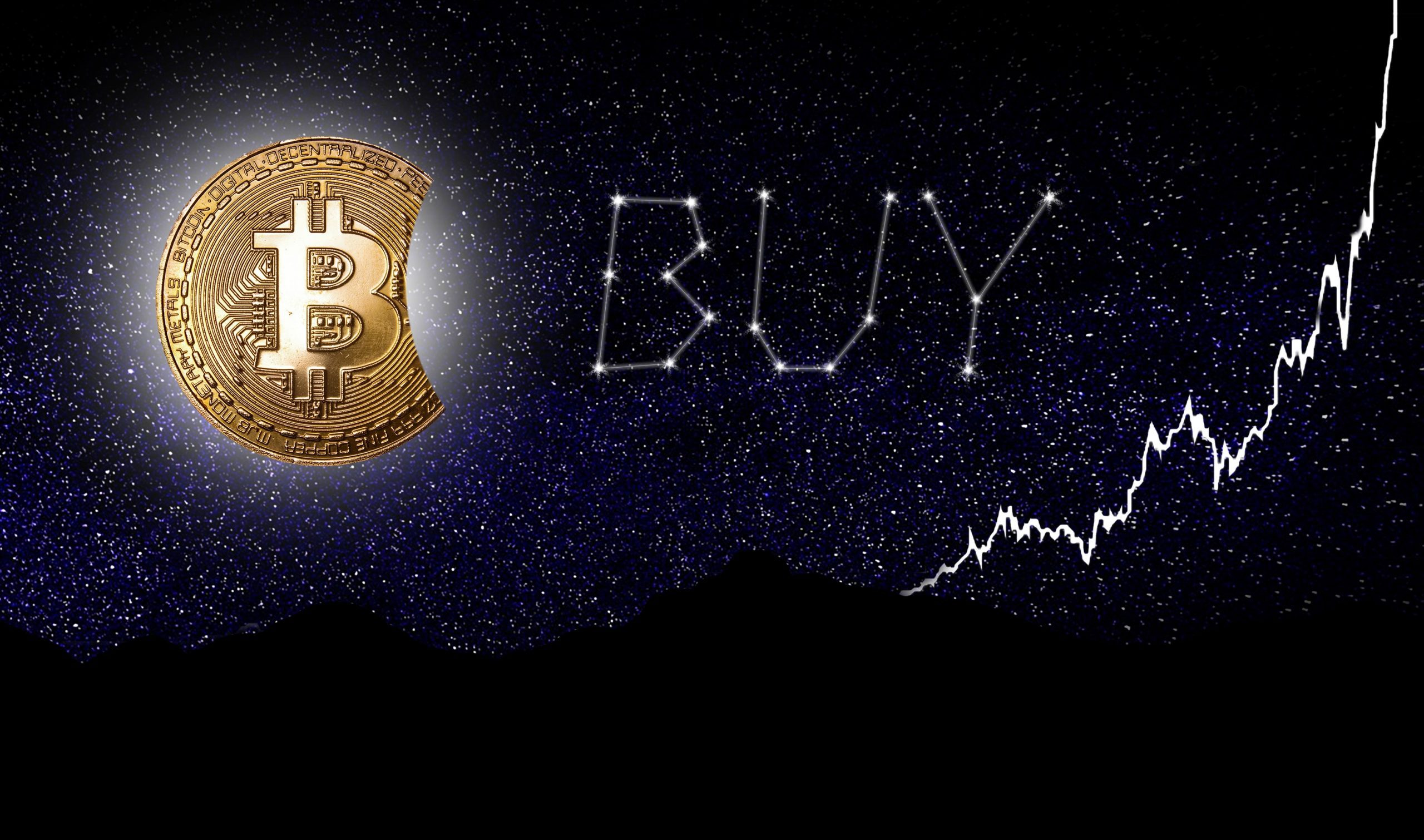 Aufgehender Bitcoin-Mond, Sternzeichen in BUY-Konstellation und ein parabolisch steigender Chart