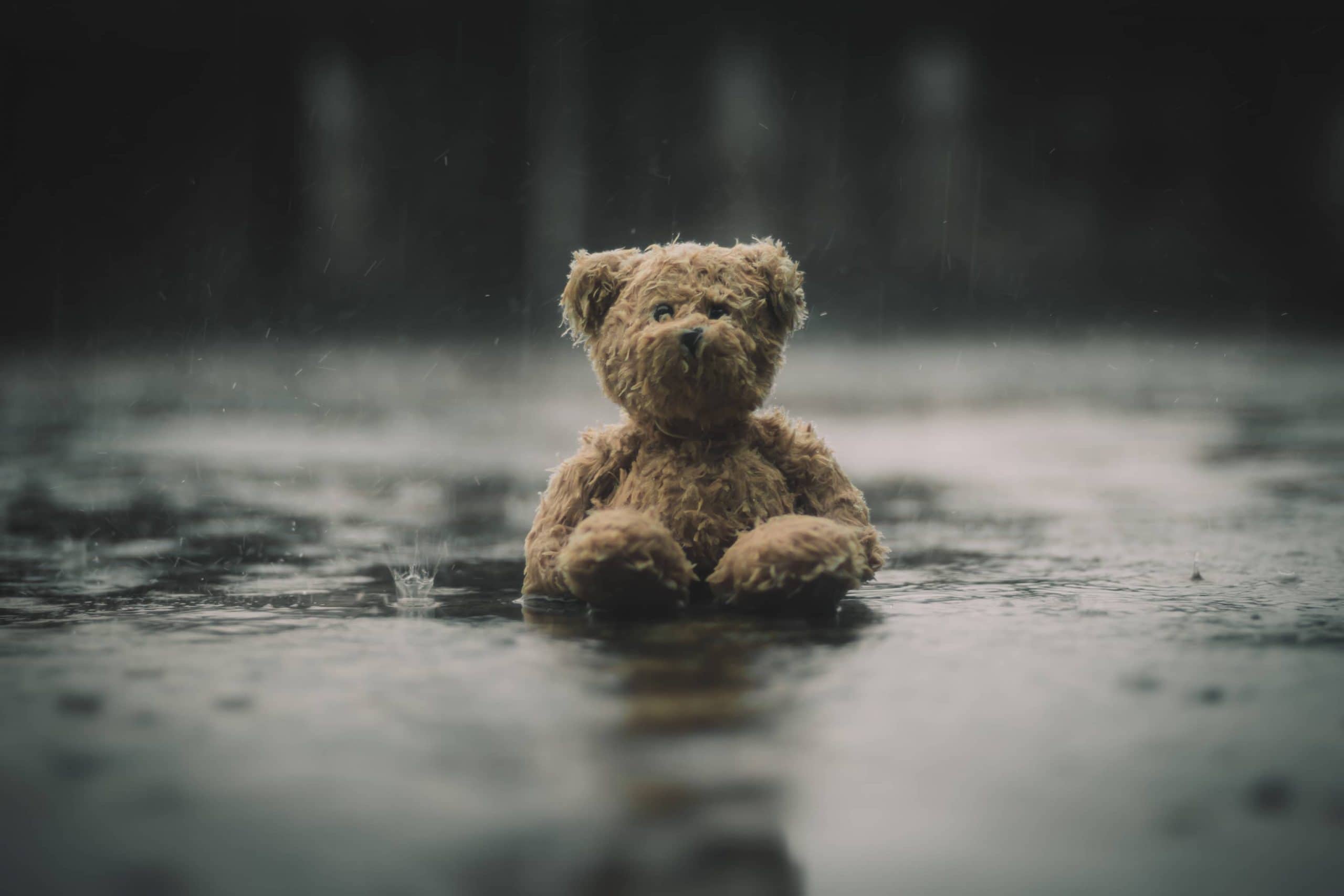 Ein Teddybär sitzt im Regen