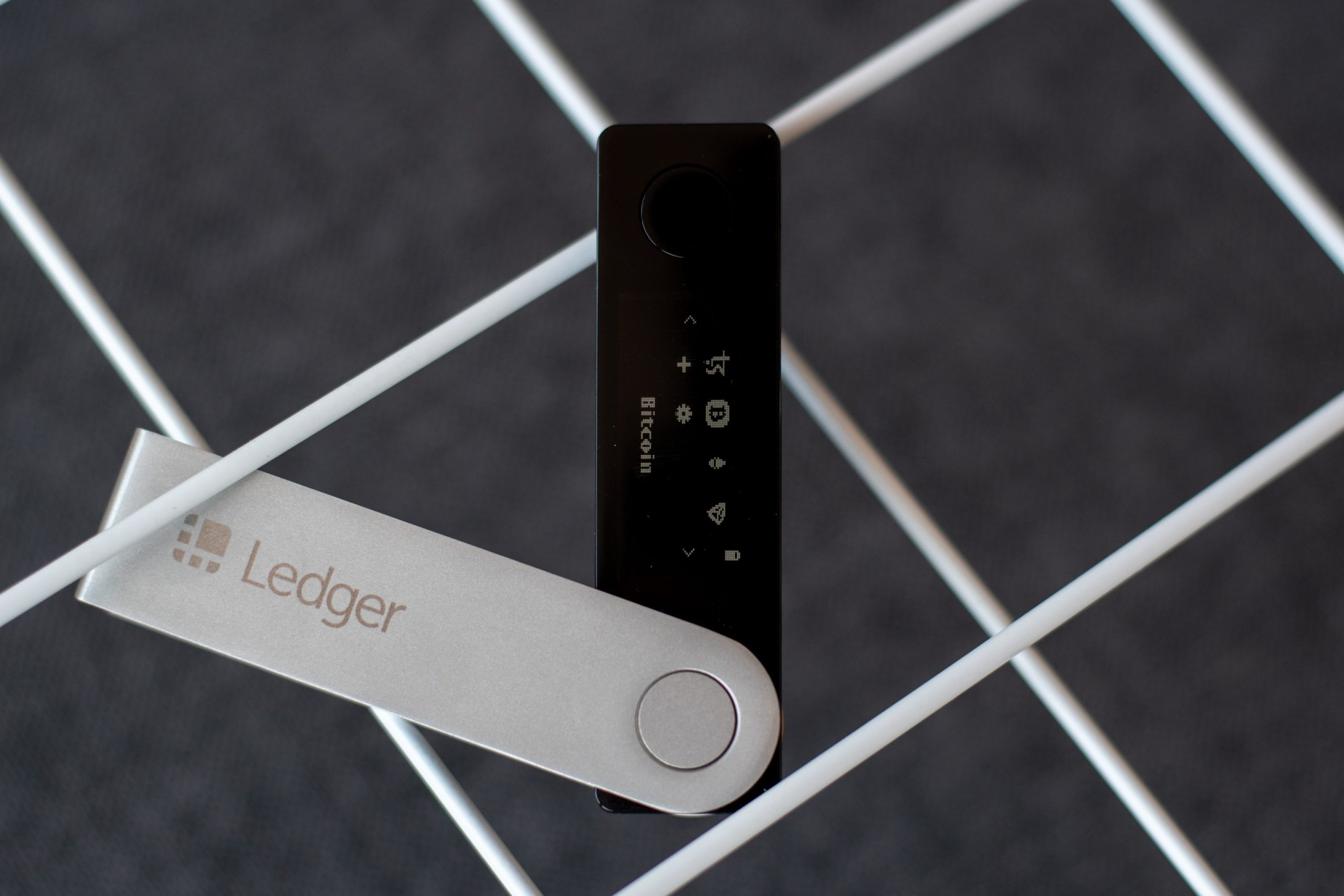 Ledger Wallet im Maschendrahtzaun