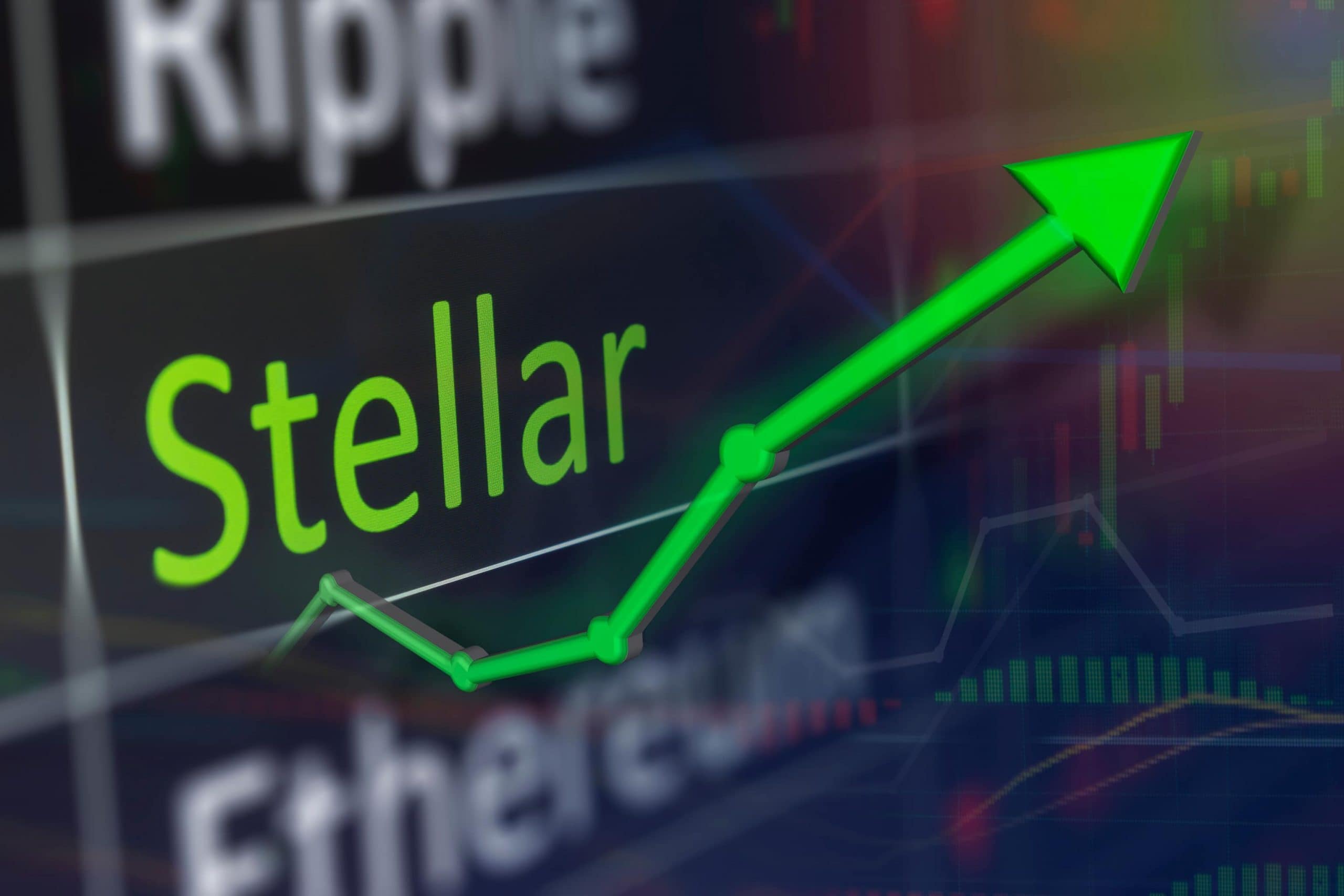 Die Kryptowährungen Ripple, Stellar und Ethereum, die an einer Börse gelistet sind. Stellar ist dabei in grüner Schrift und hat einen abgehenden grünen Kurs, der nach oben zeigt.