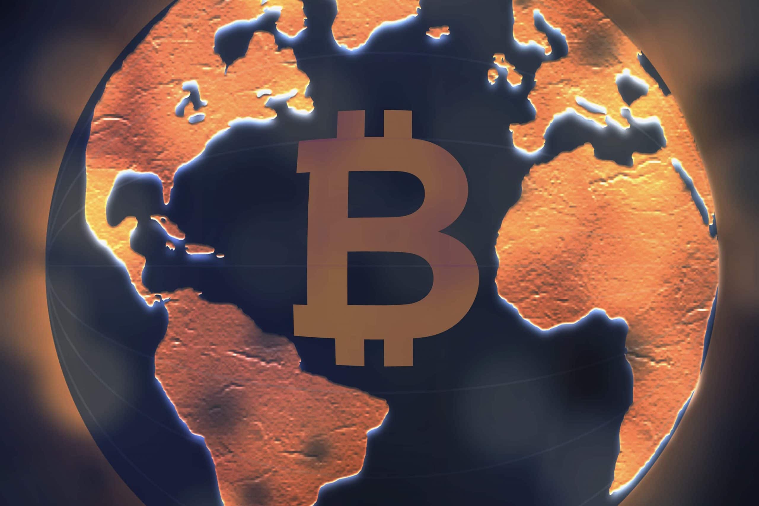 Bitcoin-Logo auf Erdball-Illustration