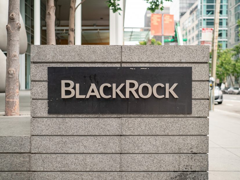 Der Riese erwacht: Bitcoin auf dem Radar von BlackRock Logo von BlackRock auf einem Zementklotz, der auf dem Gehweg steht.