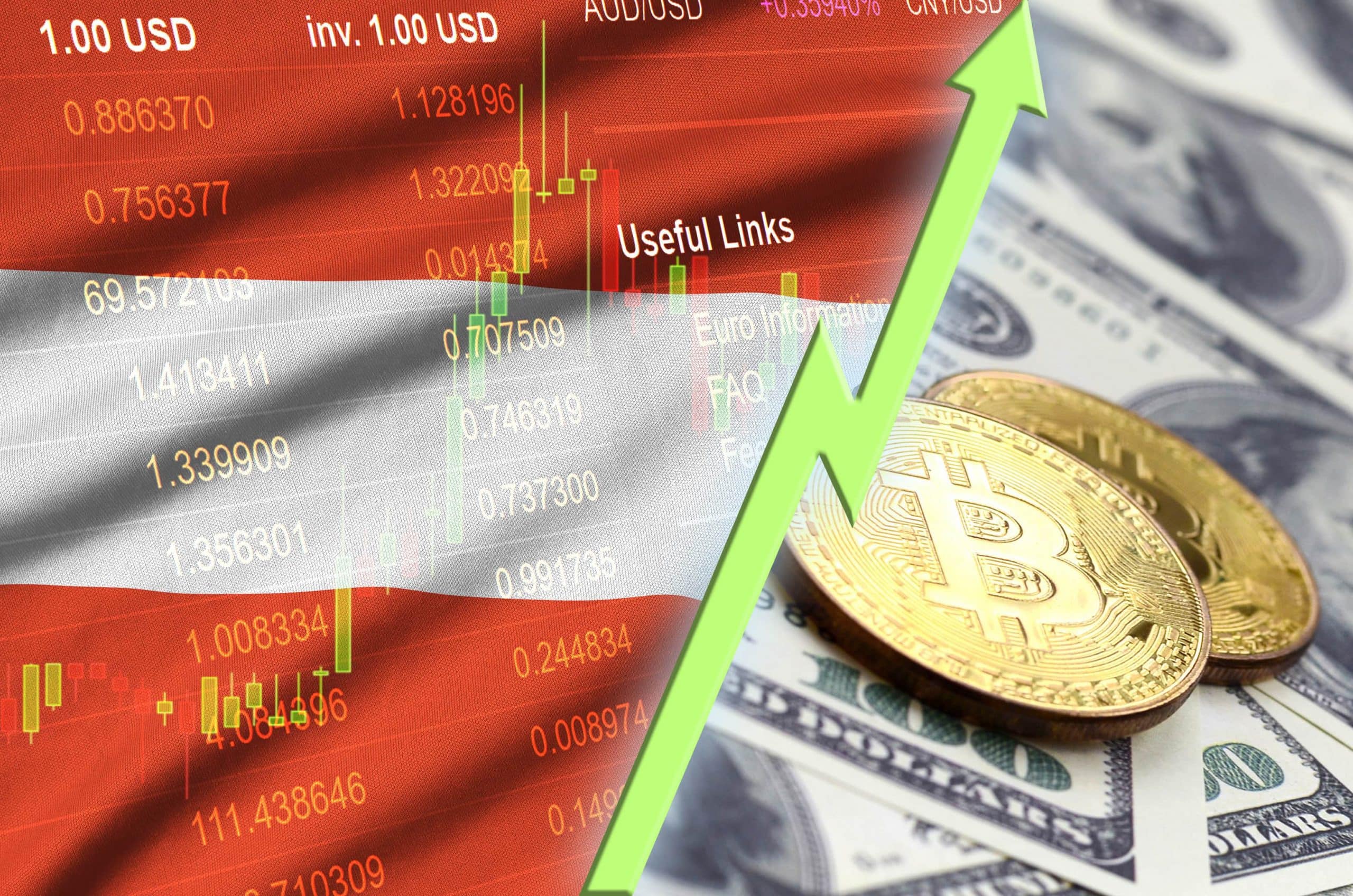 Österreichische Flagge auf einem Krypto-Kurs. Daneben liegen zwei Bitcoin auf einem Haufen US-Dollar