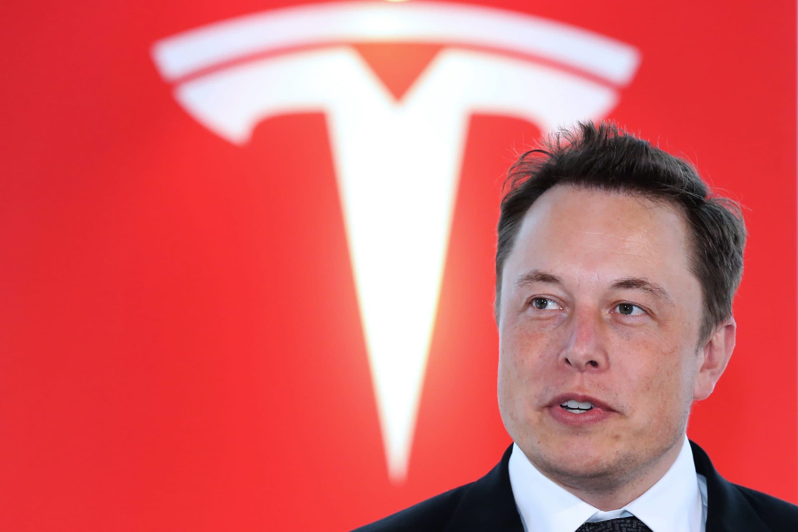 Elon Musk vor Tesla Logo