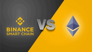 Auf der Grafik sind das Logo von Ethereum, sowie von Binance Smart Chain gegenüberstellt.