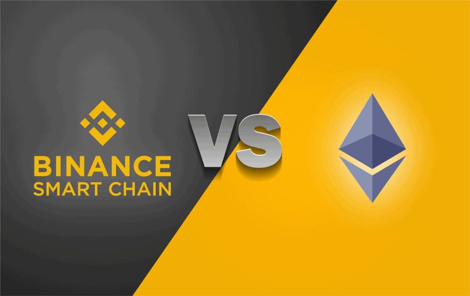 3 Gründe, warum Ethereum immer noch besser ist als die BSC Auf der Grafik sind das Logo von Ethereum, sowie von Binance Smart Chain gegenüberstellt.