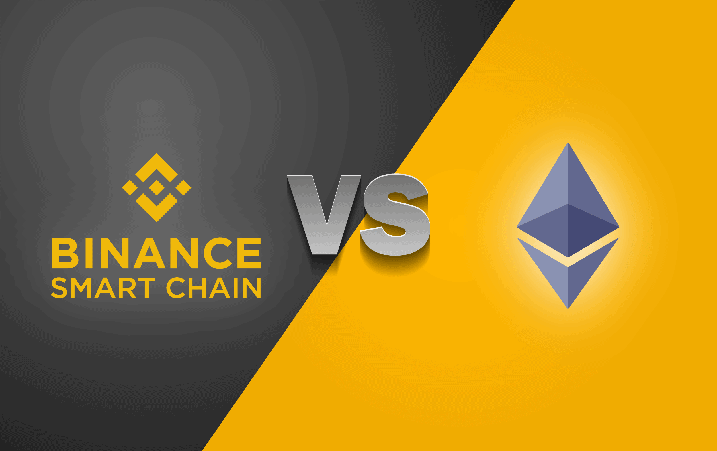 Auf der Grafik sind das Logo von Ethereum, sowie von Binance Smart Chain gegenüberstellt.