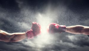 Zwei Boxer boxen.