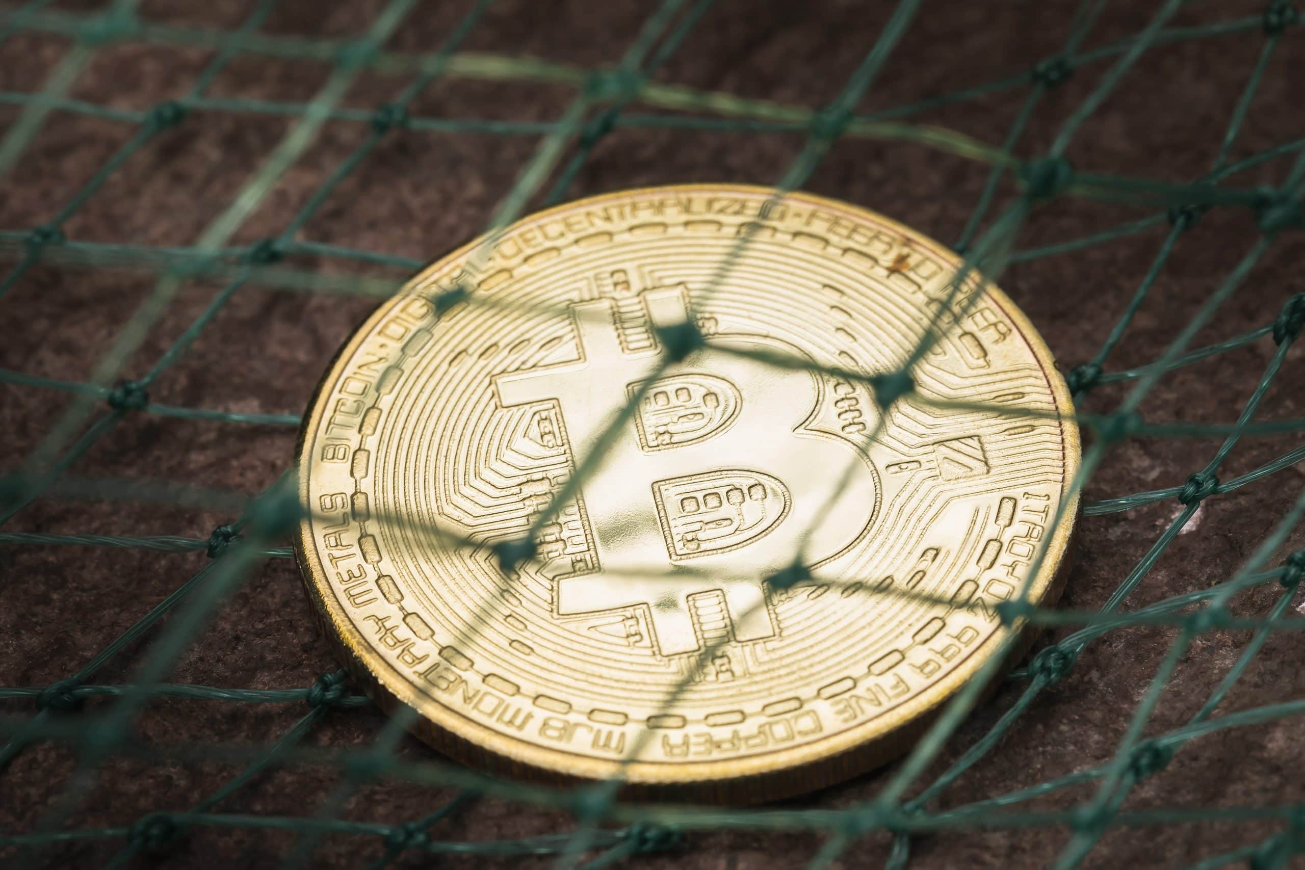 Bitcoin-Münze unter einem Netz