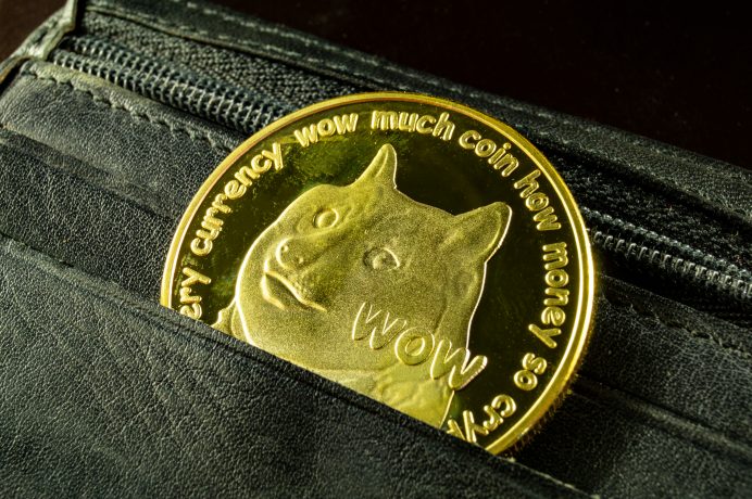 Dogecoin Coin in der Hosentasche