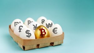 Eier in einem Korb mit unter anderem goldenen Bitcoin Ei
