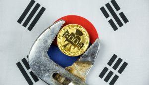 Bitcoin-Münze in Rohrzange vor südkoreanischer Flagge