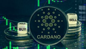 Cardano Münze vor bullishem Chart-Hintergrund
