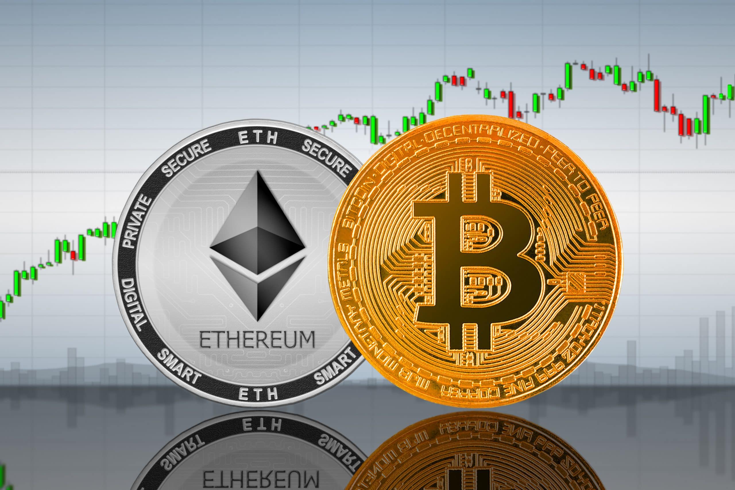 Bitcoin-Münze und Ethereum-Münze vor einem Chart