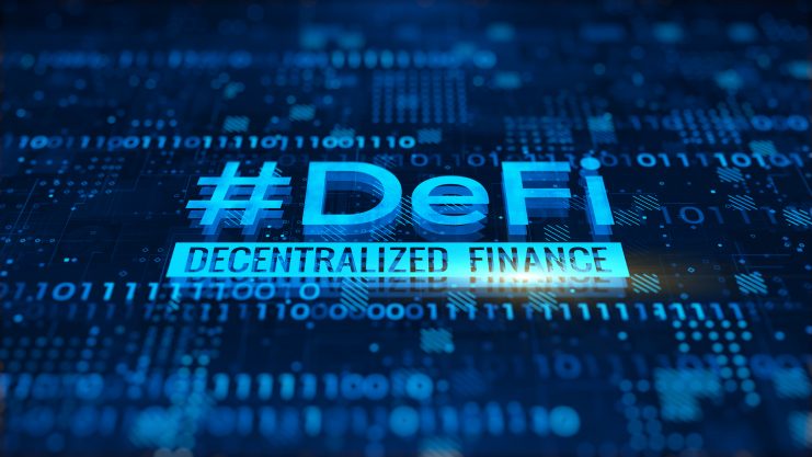 Futuristisches Bild mit dem Hashtag "DeFi". Darunter steht "Decentralized Finance".