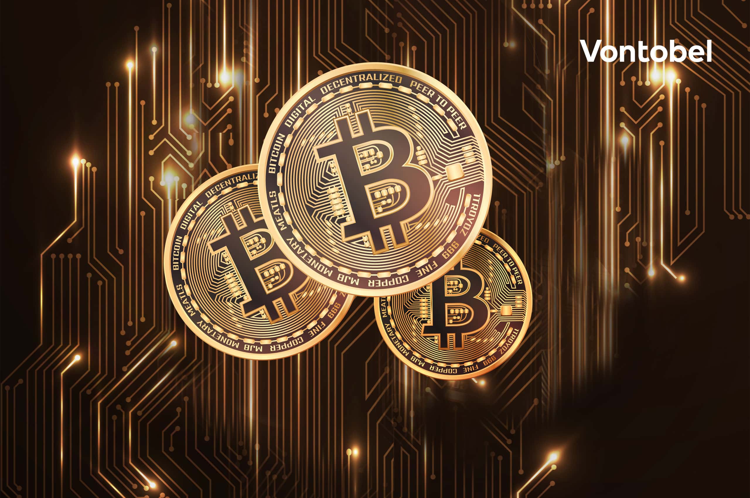 Drei Bitcoin sind im Vordergrund zu sehen. Daneben steht in weißer Schrift: "Vontobel".