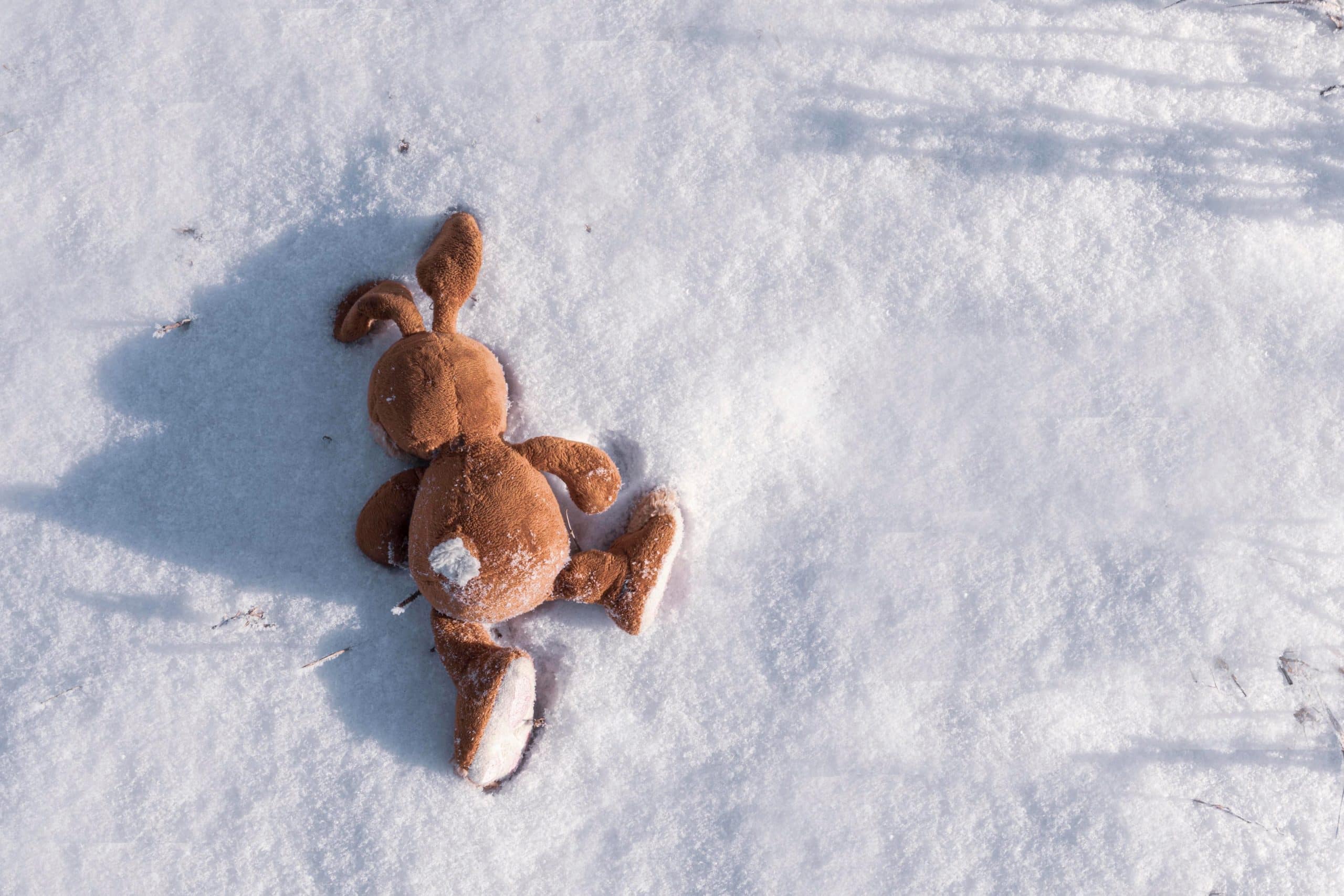 Plüschhase liegt im Schnee