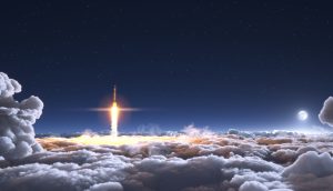 Eine Rakete steigt durch die Erdatmosphäre. Dahinter ist der Mond zu sehen.