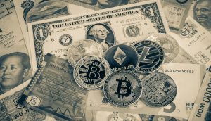 Ein paar US-Dollar-Noten liegen neben diversen Krypto-Münzen.