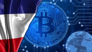 Frankreichflagge ist neben dem Bitcoin-Logo.