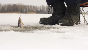 Fischer angelt Fisch aus einem Eisloch