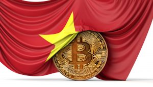 Bitcoin-Münze von vietnamesischer Flagge umhüllt