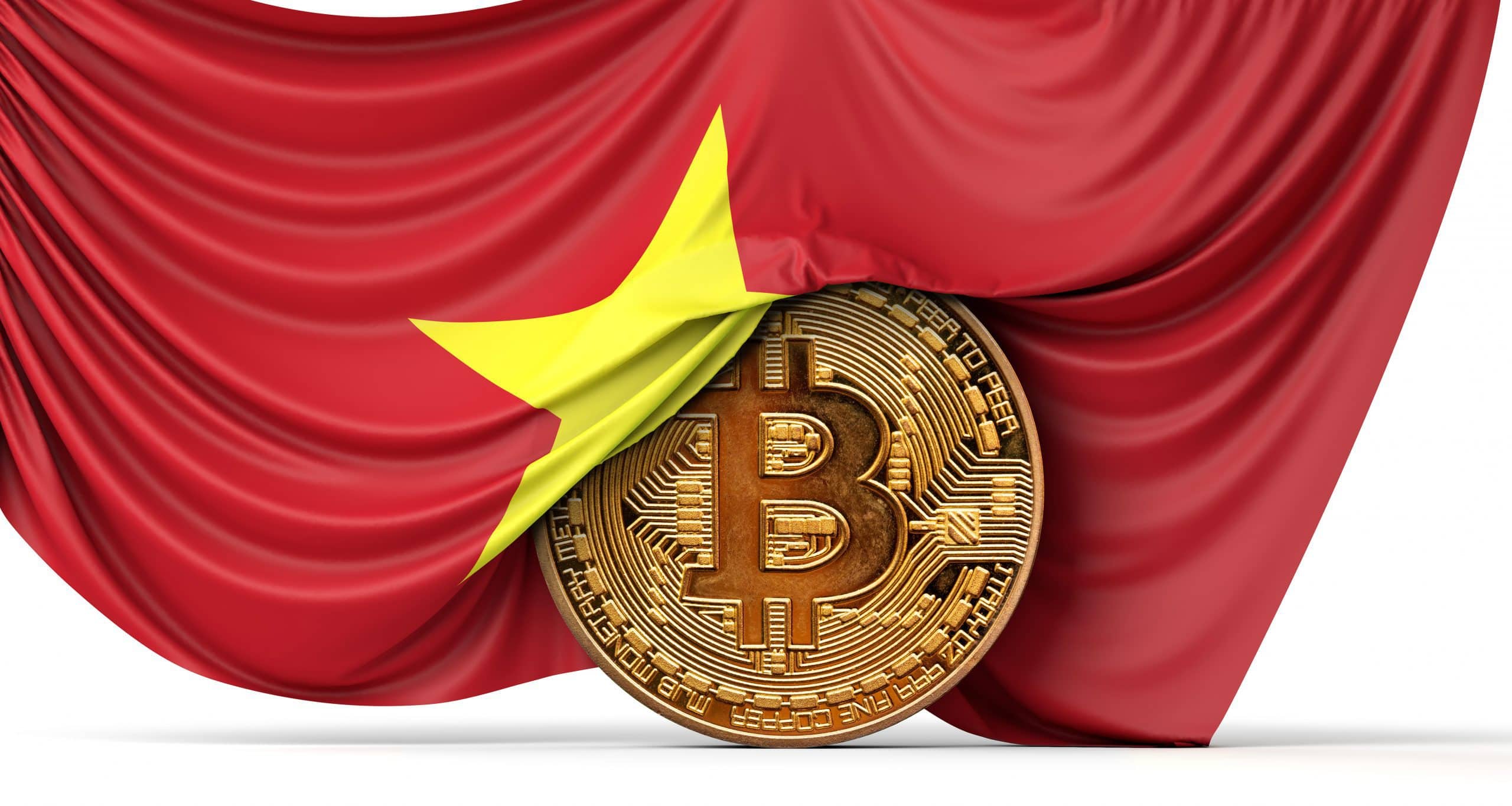 Bitcoin-Münze von vietnamesischer Flagge umhüllt