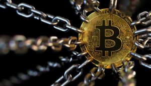 Bitcoin Münze angekettet im DeFi Sektor