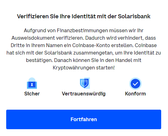 Coinbase Screenshot von der Identitäts-Verifikation